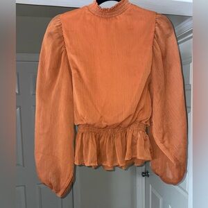 London Calling Rust Mock Neck Puff Sleeve Peplum Blouse (M)